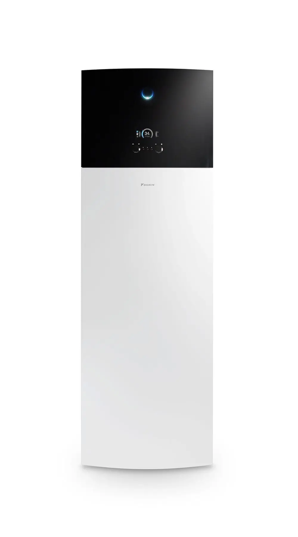 Vertikale Wärmepumpe von Daikin mit schwarzer Oberseite und digitalem Display, unterhalb ein hoher, weißer Wassertank.